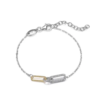 Paperclip Sterling Silver Two-tone 18k Gold Plated 3-link With Cubic Zirconia Bracelet