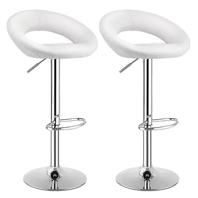 Set Of 2 Bar Stools Adjustable Pu Leather Barstools Swivel Pub Chairs White
