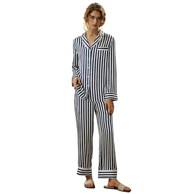 Button-up Full Length Striped Pajama Set For Women
