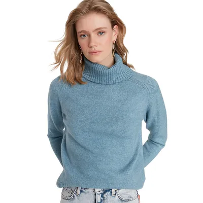 Women Regular Fit Basic Turtleneck Woven Sweater