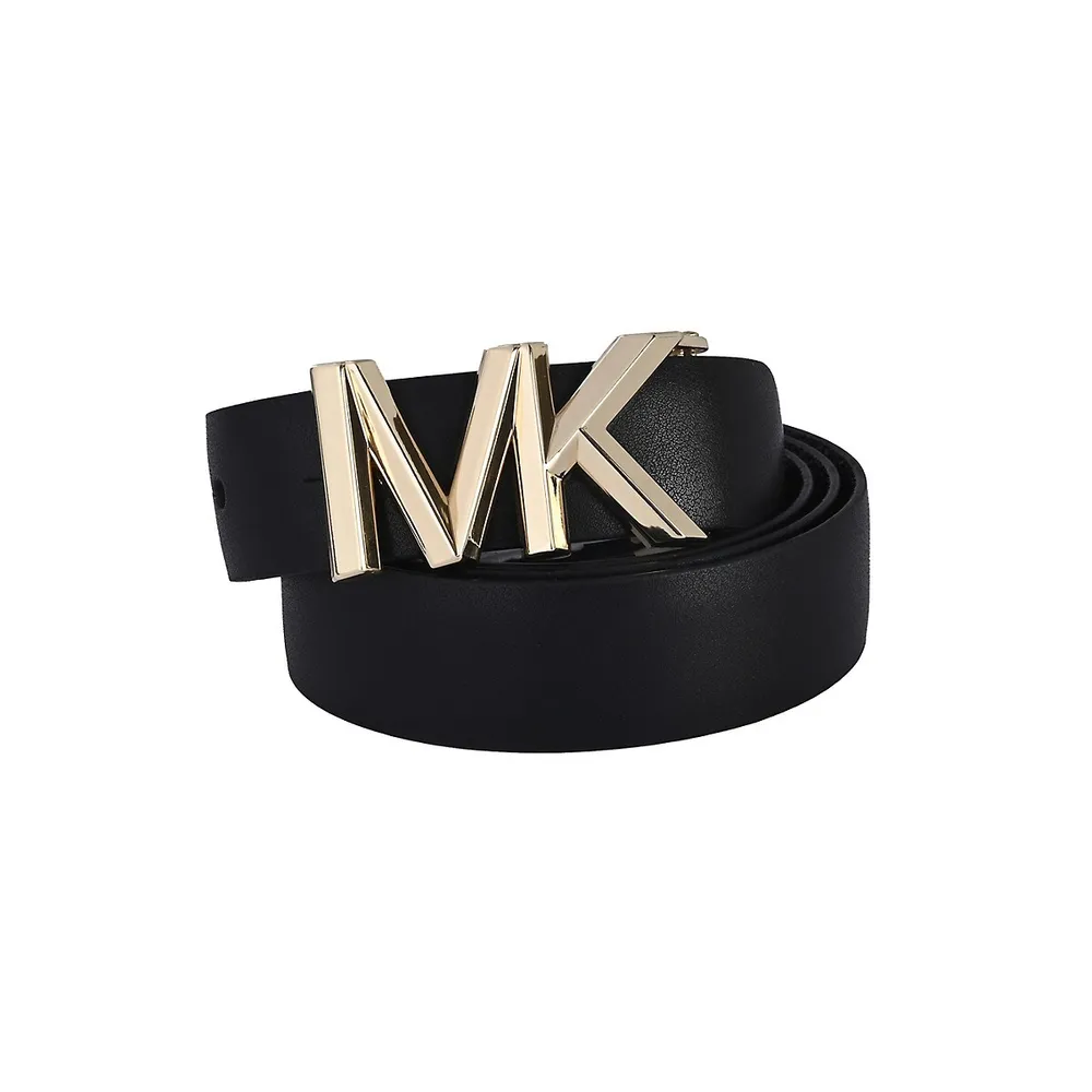 MICHAEL Michael Kors Reversible Faux Leather Belt with MK Logo Buckle, Black  and Silver Metallic, Large at  Women's Clothing store