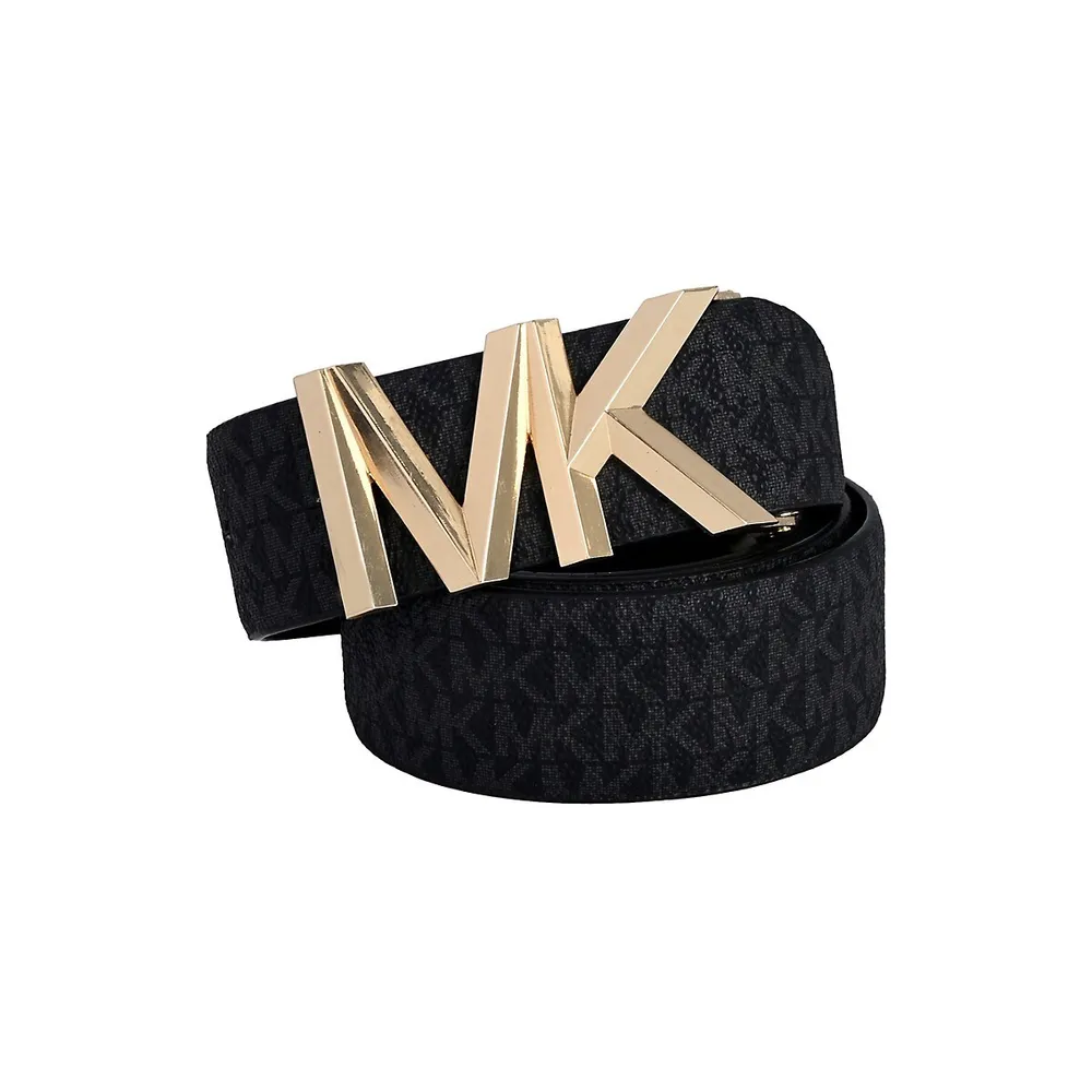 MICHAEL Michael Kors Reversible Faux Leather Belt with MK Logo Buckle, Black  and Silver Metallic, Large at  Women's Clothing store