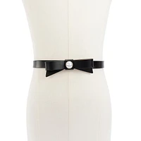 Faux Pearl-Trim Leather Bow Belt