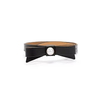 Faux Pearl-Trim Leather Bow Belt