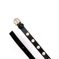 Oversized Faux Pearl-Trim Leather Belt