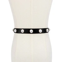 Oversized Faux Pearl-Trim Leather Belt