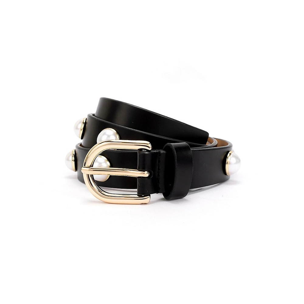 Oversized Faux Pearl-Trim Leather Belt