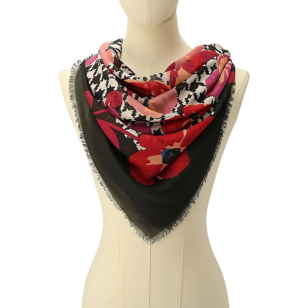 Houndstooth Poppies-Print Square Scarf