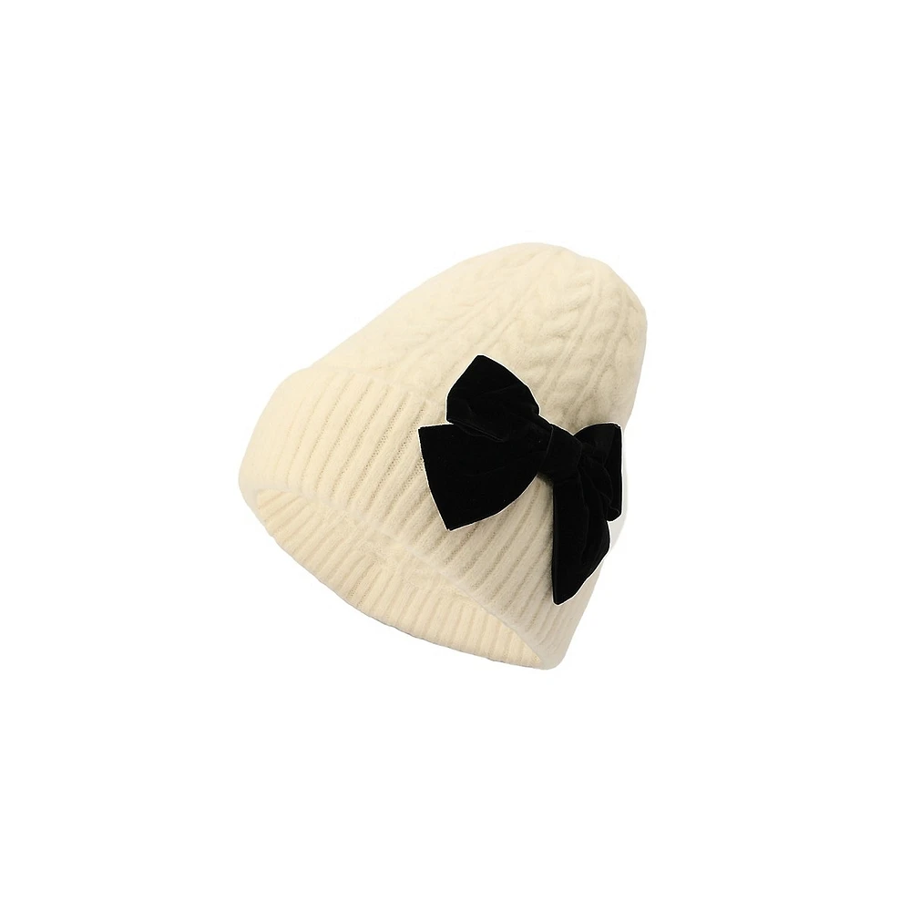 Velvet Bow Cable-Knit Toque