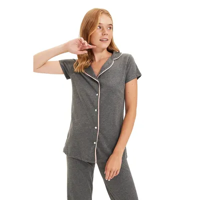 Woman Plain Piping Detailed Middle Knit Shirt-trousers Pajama Set