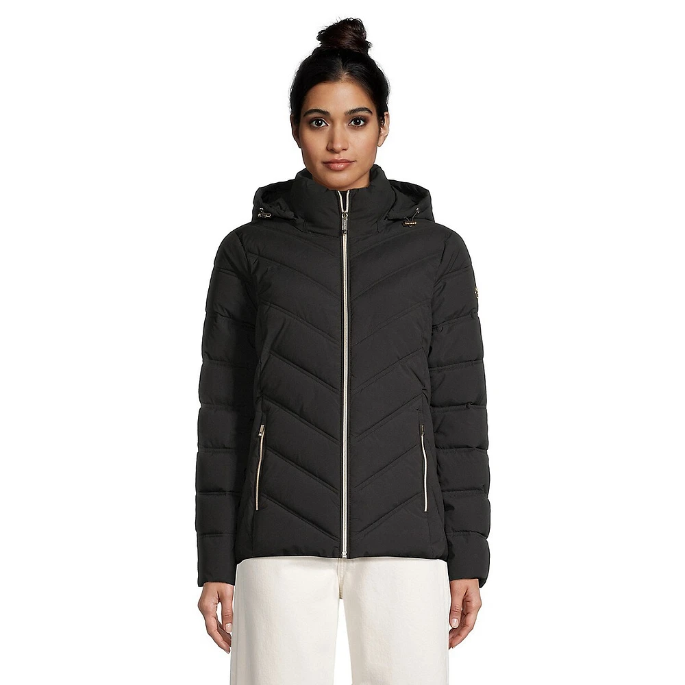 Packable Chevron-Quilted Hooded Puffer Jacket