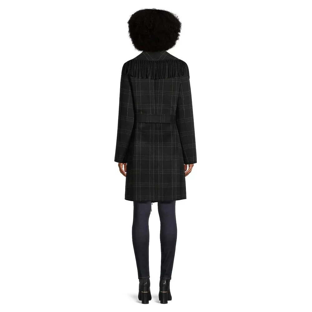 Fringed Plaid Wool-Blend Coat