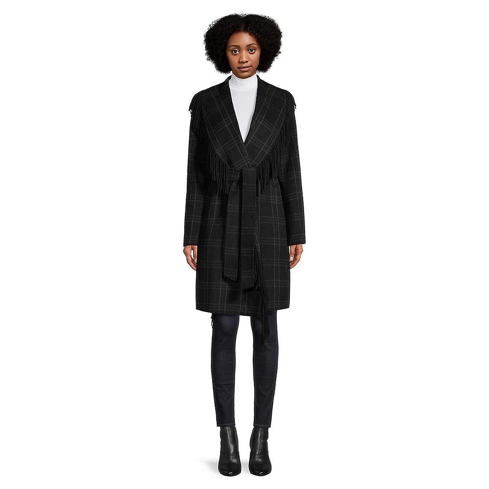 Fringed Plaid Wool-Blend Coat