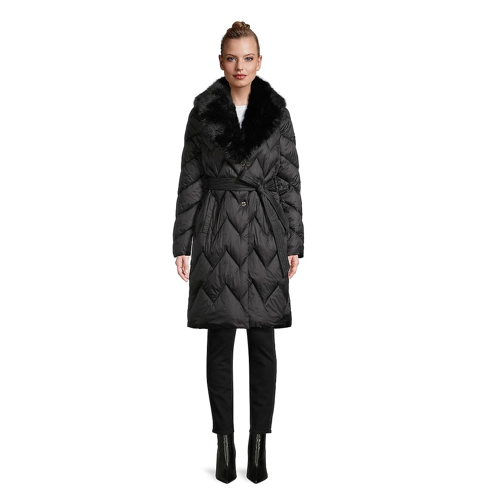 Faux Fur Shawl-Collar Chevron Puffer Coat