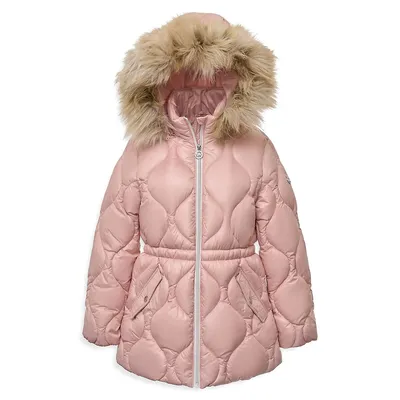 Girl's Faux Fur-Trim and Quilted Stadium Puffer Jacket