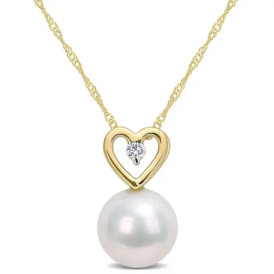 Freshwater Cultured Pearl And Diamond Accent Heart Drop Pendant With Chain In 10k Yellow Gold