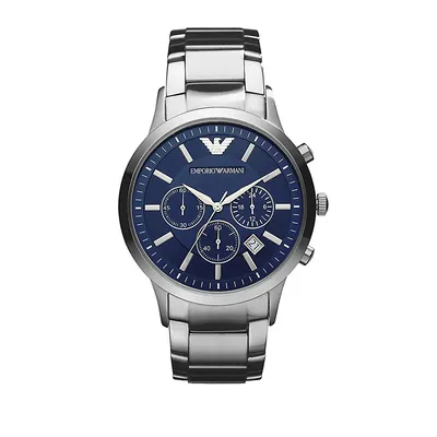 Montre à large cadran rond bleu avec chronographe et bracelet en acier inoxydable pour homme