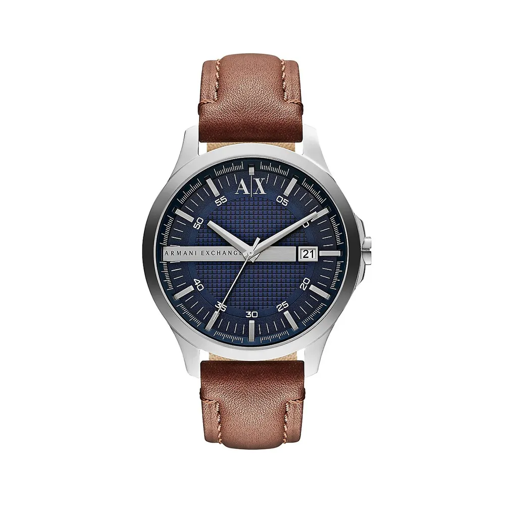 Armani Exchange Hampton 3-Hand Date Blue Dial & Brown Leather Strap Watch |  Shop Midtown