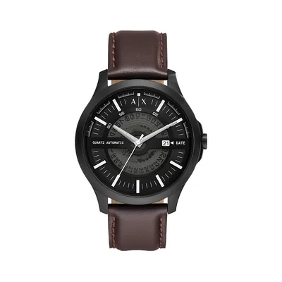 Hampton Black Stainless Steel and Brown Leather Strap Watch AX2446