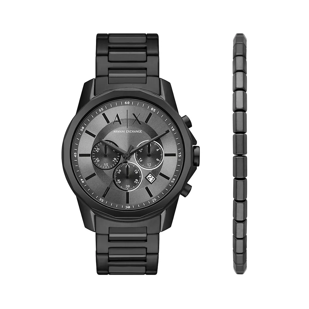 Armani Exchange + Chronograph Black Stainless Steel Bracelet Watch &  Bracelet 2-Piece Gift Set AX7140 | Galeries Capitale