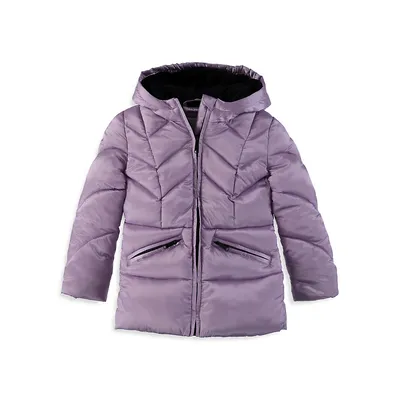 Little Girl's Hooded Crystal Satin Quilted Puffer