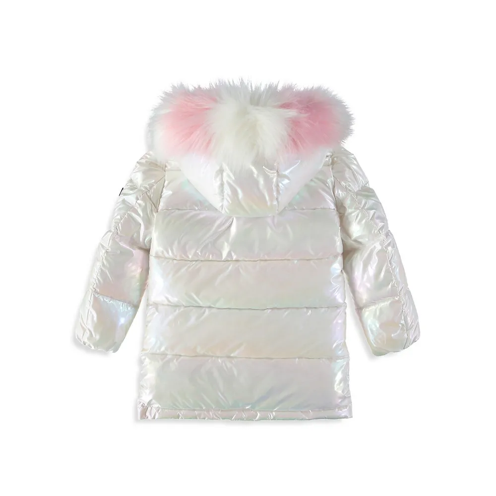 Little Girl's Iridescent Faux Fur Trim Hood Puffer