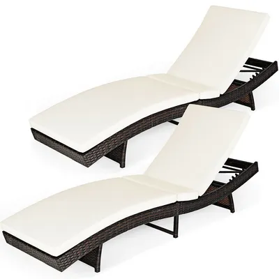 2pcs Patiojoy Patio Rattan Folding Lounge Chair Chaise Adjustable White Cushion