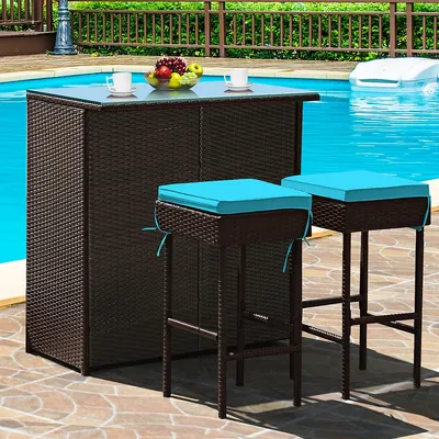 3pcs Patio Rattan Wicker Bar Table Stools Dining Set Cushioned Chairs