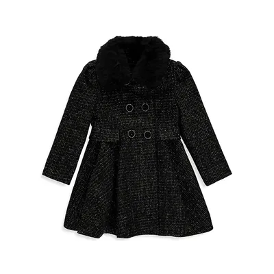 Girl's Faux Fur-Collar Tweed Coat