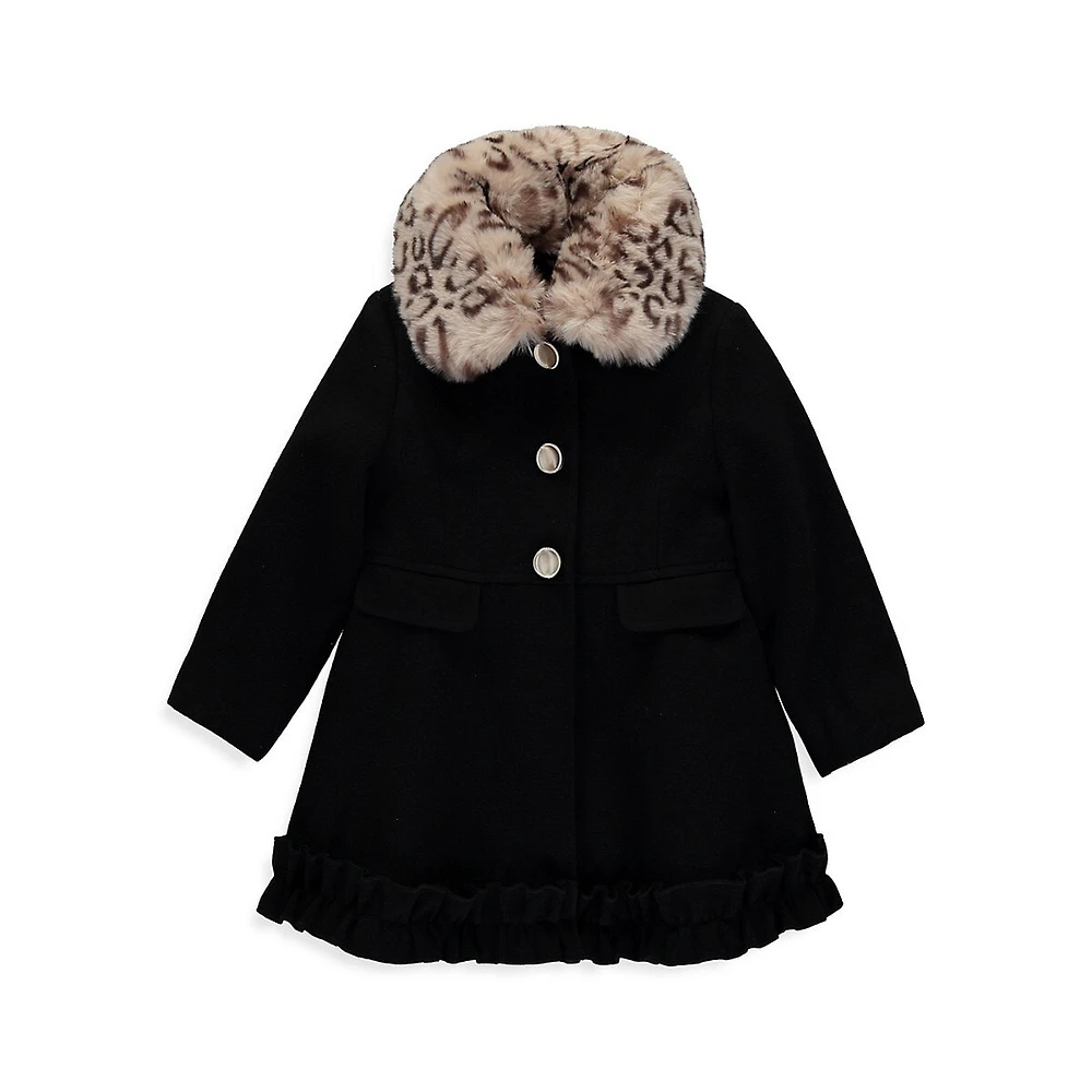 Girl's Faux Fur-Collar Ruffle-Trim Coat