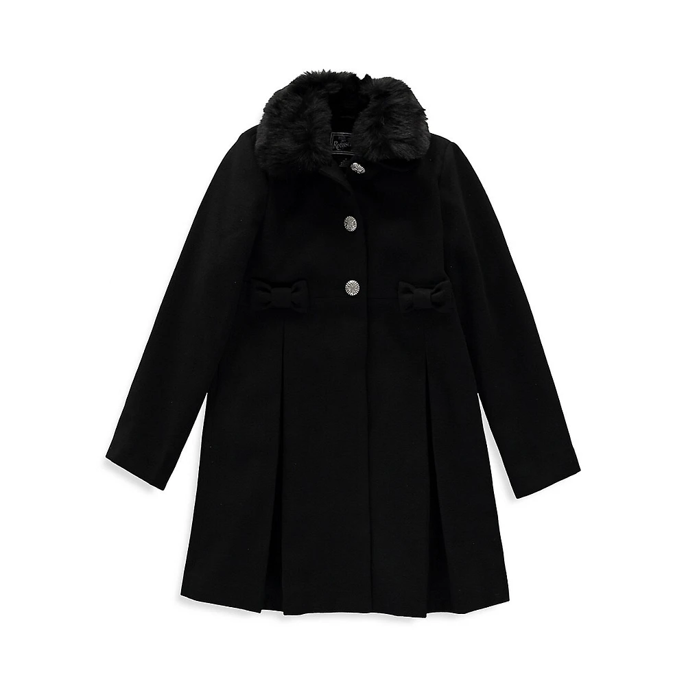 Little Girl's Faux Fur-Collar Bow-Trim Coat