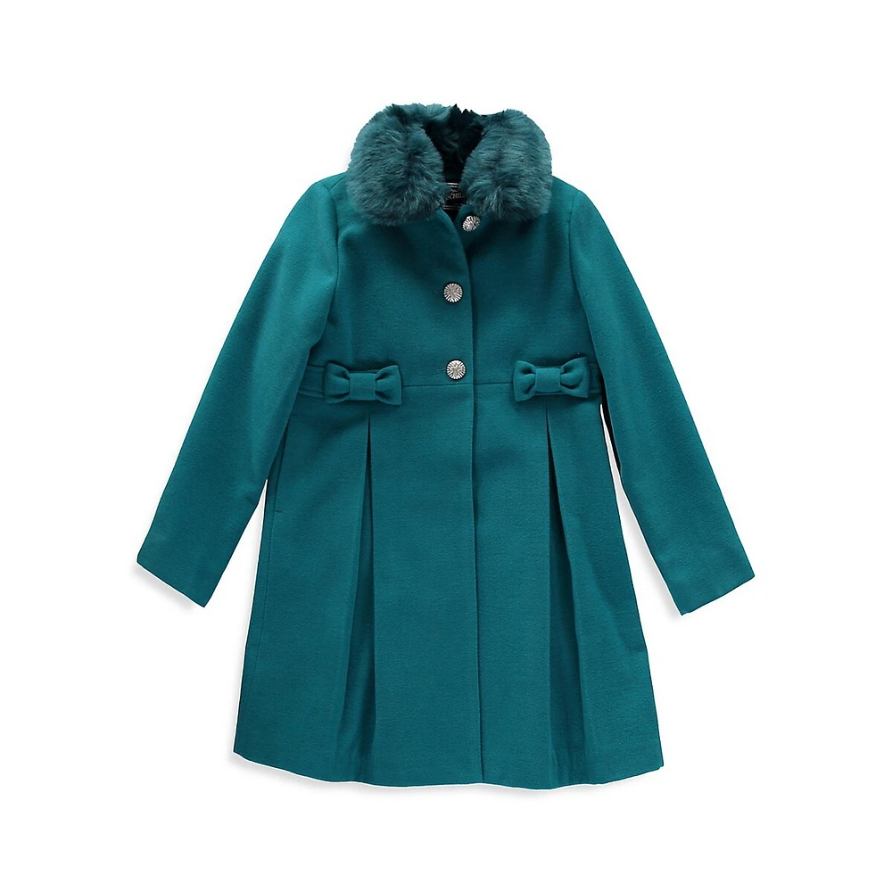 Little Girl's Faux Fur-Collar Bow-Trim Coat