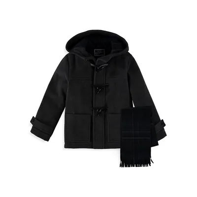 Little Boy's 2-Piece Hooded Toggle Coat and Plaid Scarf