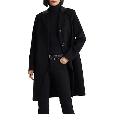 Faux Leather Collar Wool-Blend Topcoat