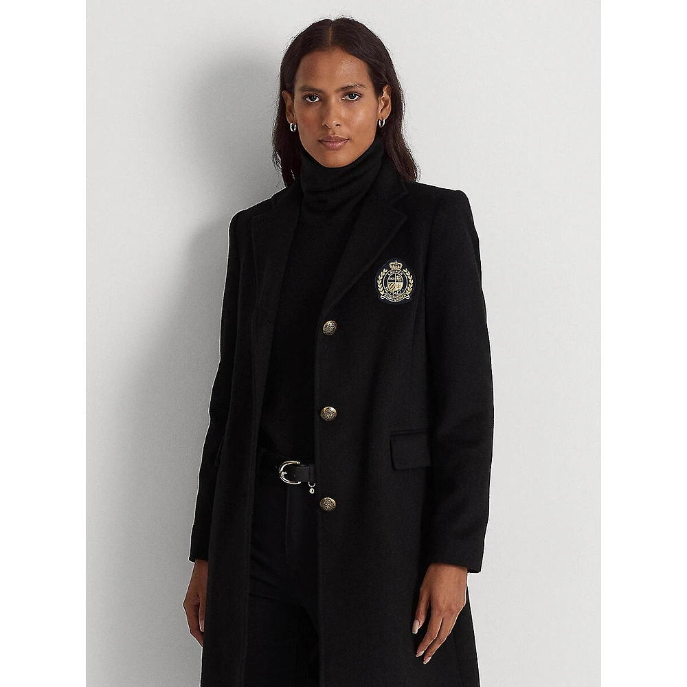 Single Breasted Wool Coat With Crest Patch