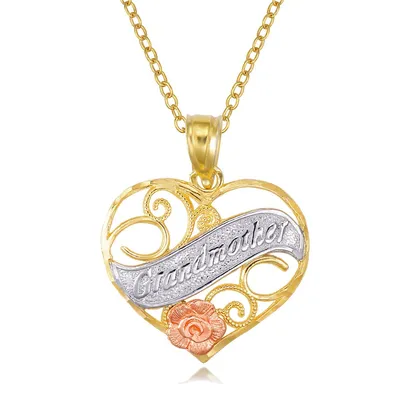 Yellow Gold Plated Sterling Silver "grandma " With Pink Flower Necklace