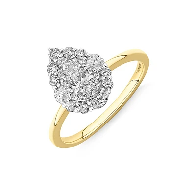 0.67 Carat Tw Pear Cut Diamond Marquise And Round Brilliant Halo Engagement Ring In 14kt Yellow And White Gold