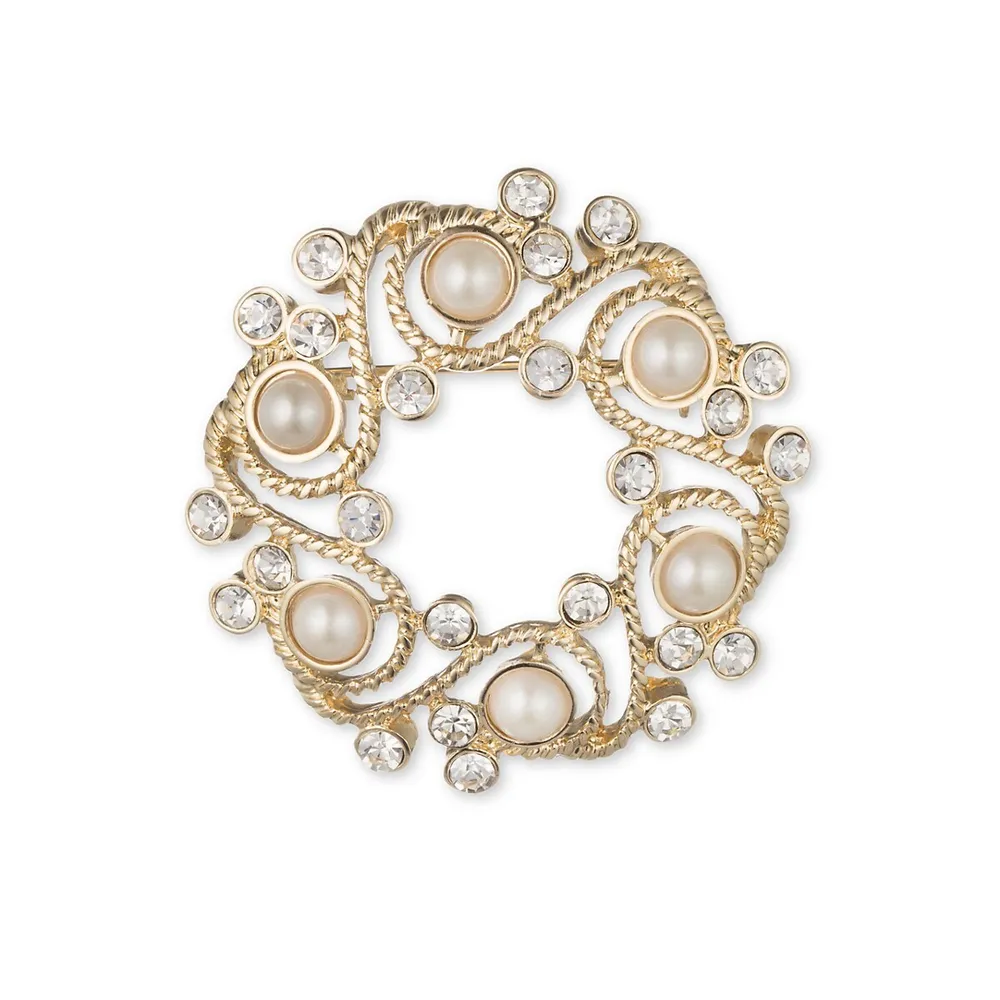 6MM White Freshwater Pearl and Crystal Wreath Brooch