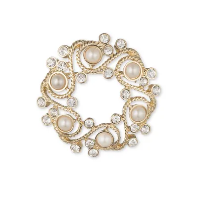 Broche en forme de couronne avec cristaux et perles d'eau douce blanches de 6 mm