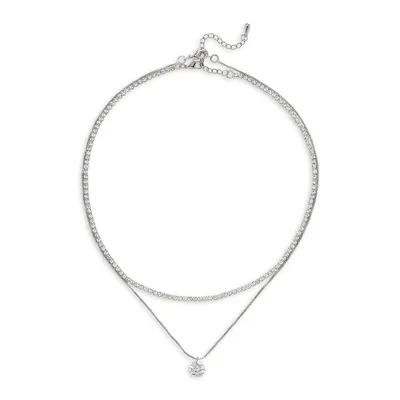 Silvertone & Cubic Zirconia 2-Row Necklace
