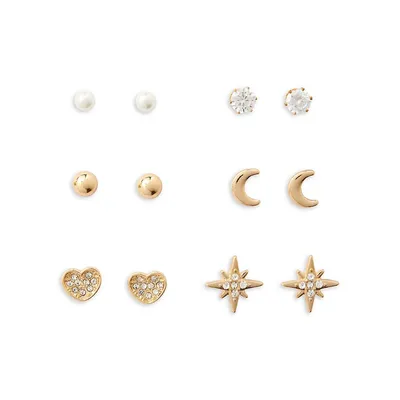 Ensemble boucles d'oreilles plaquées or en forme de lune, d'étoile et de cœur avec éléments décoratifs, six paires