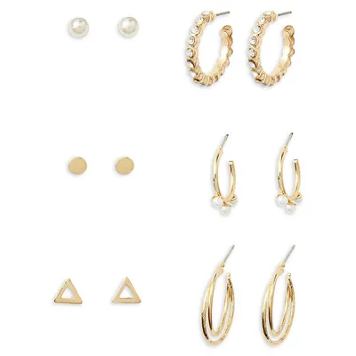 6-Pair Goldplated & Imitation Pearl Studs & Hoop Earrings Set