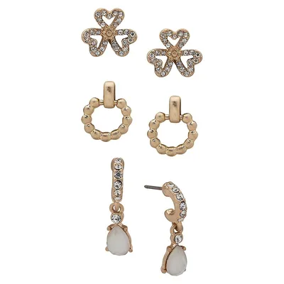 3-Pair Goldtone & Crystal Earrings Set