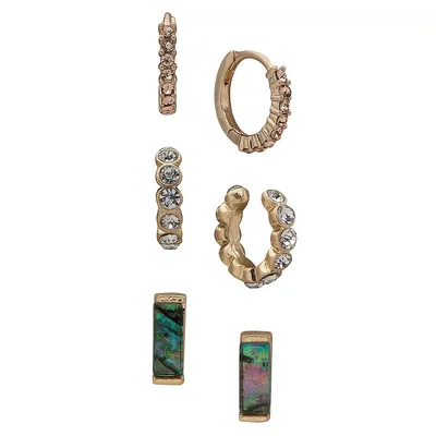 Reflection 3-Pair Goldtone, Abalone & Glass Stone Earring Set