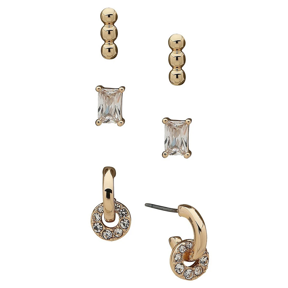 Crystal Bar & Hoop Earring Trio Set