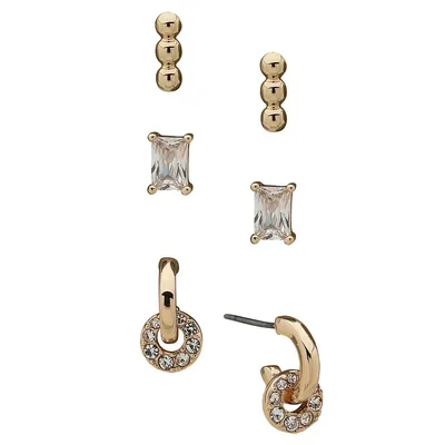 Ensemble de boucles d'oreilles en barre, cristaux et en anneaux, trois paires