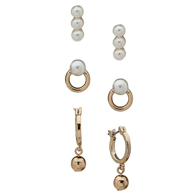 Three-Pair Goldtone & Faux Pearl Stud Earrings Set