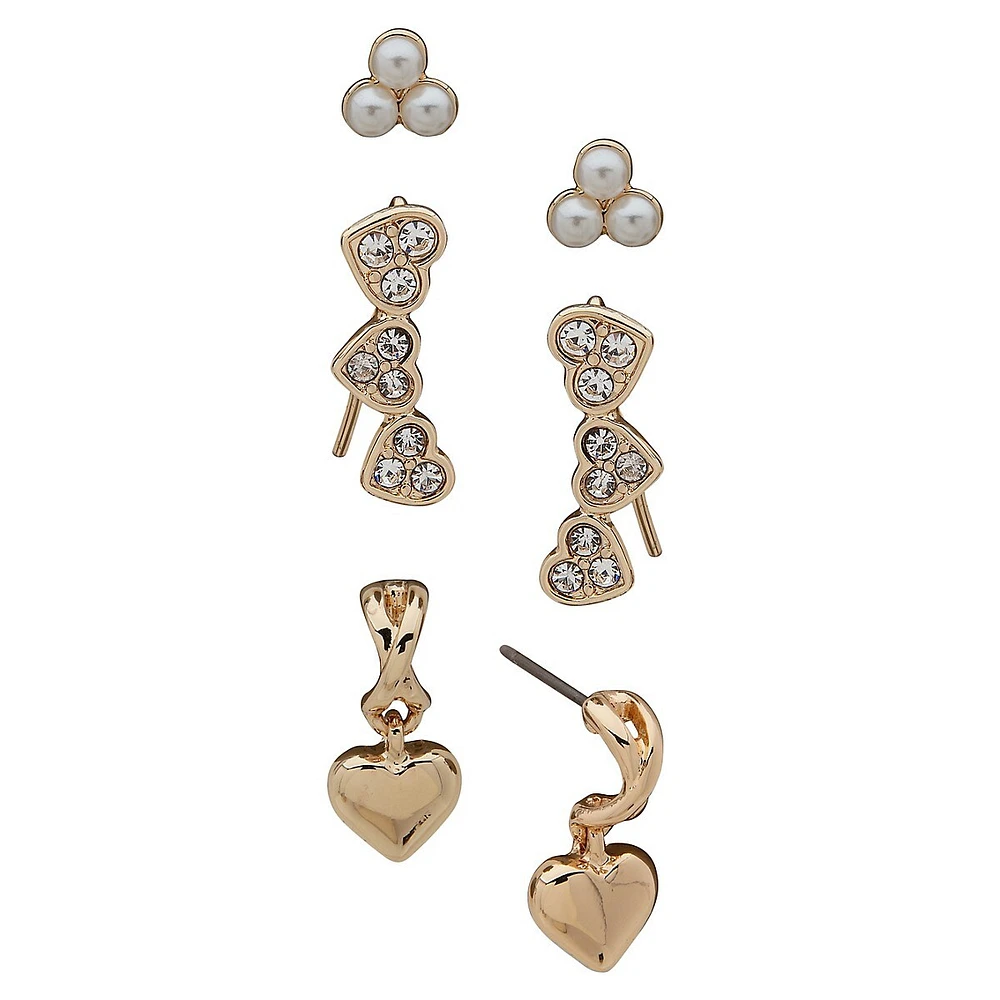 3-Pair Goldtone & Crystal Heart Earring Set