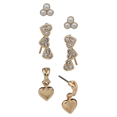 3-Pair Goldtone & Crystal Heart Earring Set