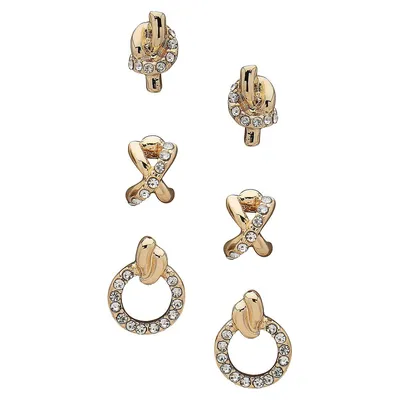 3-Pair Goldtone Crystal-Embellished Stud Earrings Set
